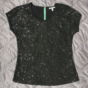 (S) Women's Charlotte Russe Black Sequin Blouse With Turquoise Back Zipper